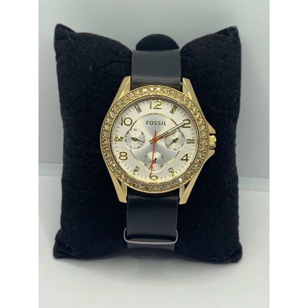 Fossil ES3723 Women's Black Leather Analog Silver Dial Quartz Wrist Watch JD361